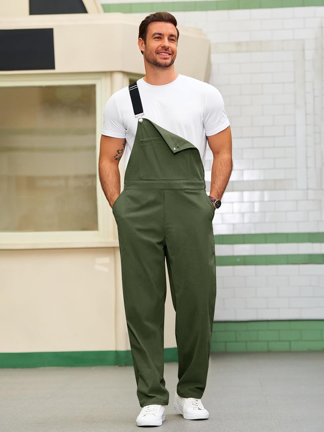 Runcati Mens Corduroy Bib Overalls Casual Adjujstable Strap Workwear Fashion Fall Winter Loose Fit Jumpsuit - Image 3