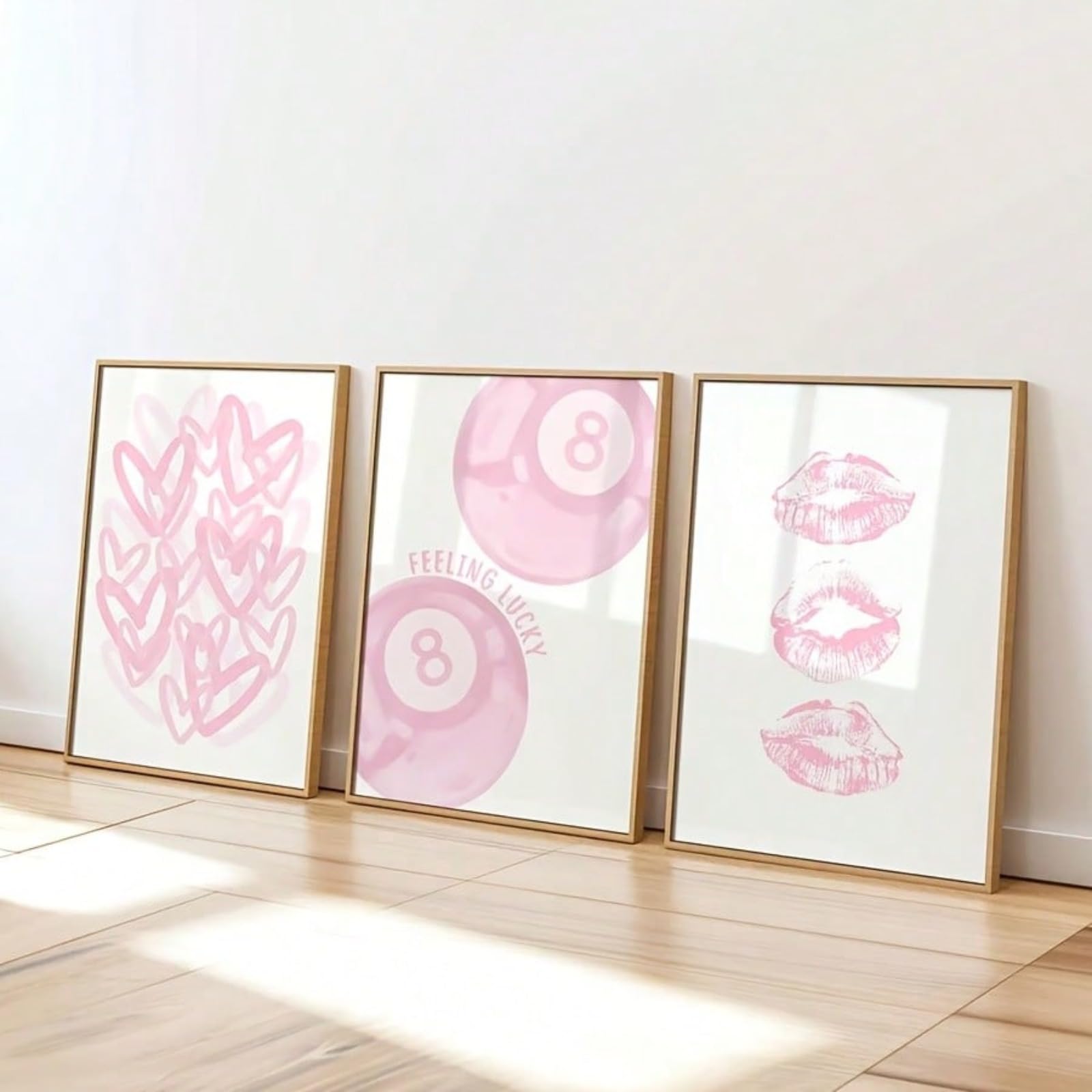 ZBELLO Set of 3 Pink Coquette Wall Art Prints, Lucky 8 Ball Lips & Heart Sketch Posters, Trendy Aesthetic Decor for Teen Girl Bedroom Dorm, Unframed (21x30cm)