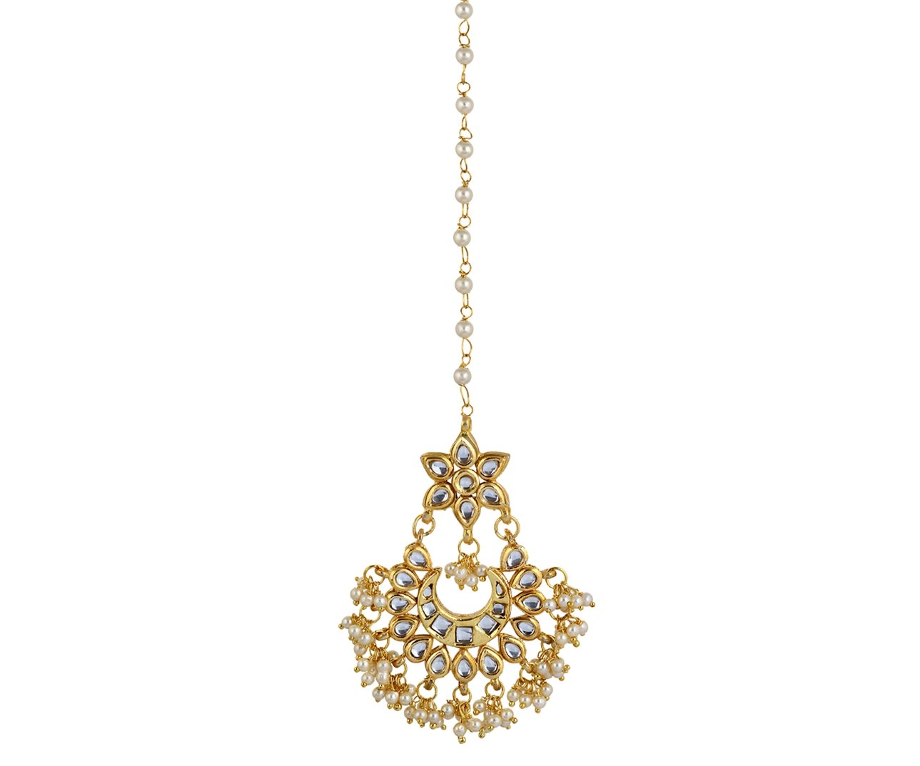Jewellity Copper Non-Precious Metal Pearl Golden And White Mang Tika | Traditional Designer Maang Tikka Wedding, Festive | Maang Tika For Women and Girls TK-550