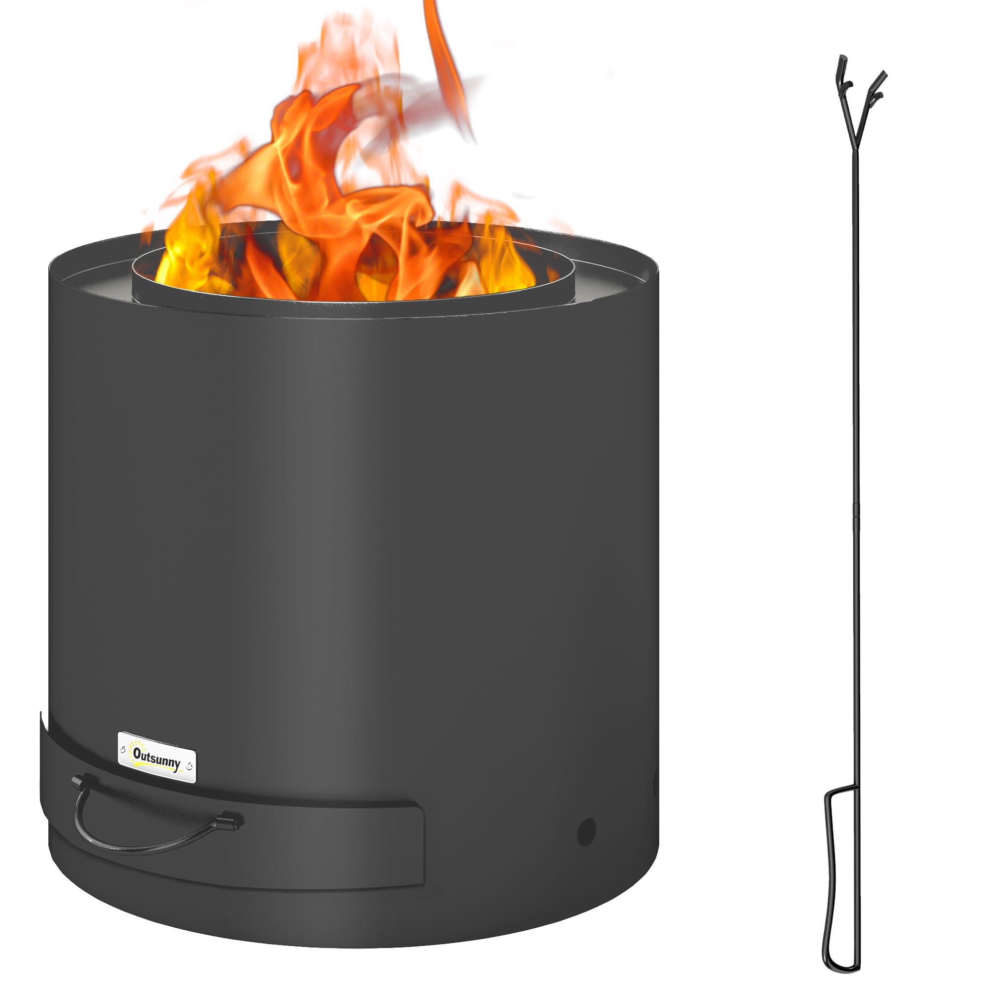 Outsunny Brasero Exterior Redondo Ø45x42 cm de Acero Brasero Exterior Jardín con Bandeja para Cenizas y Atizador Protector de Chispas para Terraza Camping Fiesta Negro