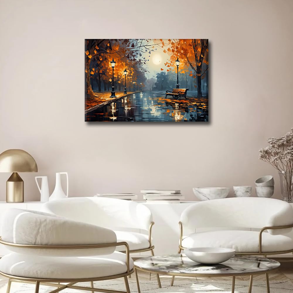 TISHIRON Bench in Park Prints Poster Canvas Print Flowers and Trees Oil Painting Style Impressionism Painting Wall Art for Living Room Bedroom Office Decor Framed Ready to Hang 16"x24" - Image 2