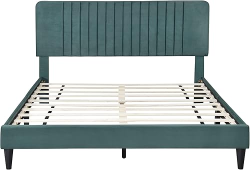 Miniatura 5 de Harper  Bright Designs Marco de cama tapizado de terciopelo de tamaño matrimonial base de colchón con listones de madera y cabecera tapizada