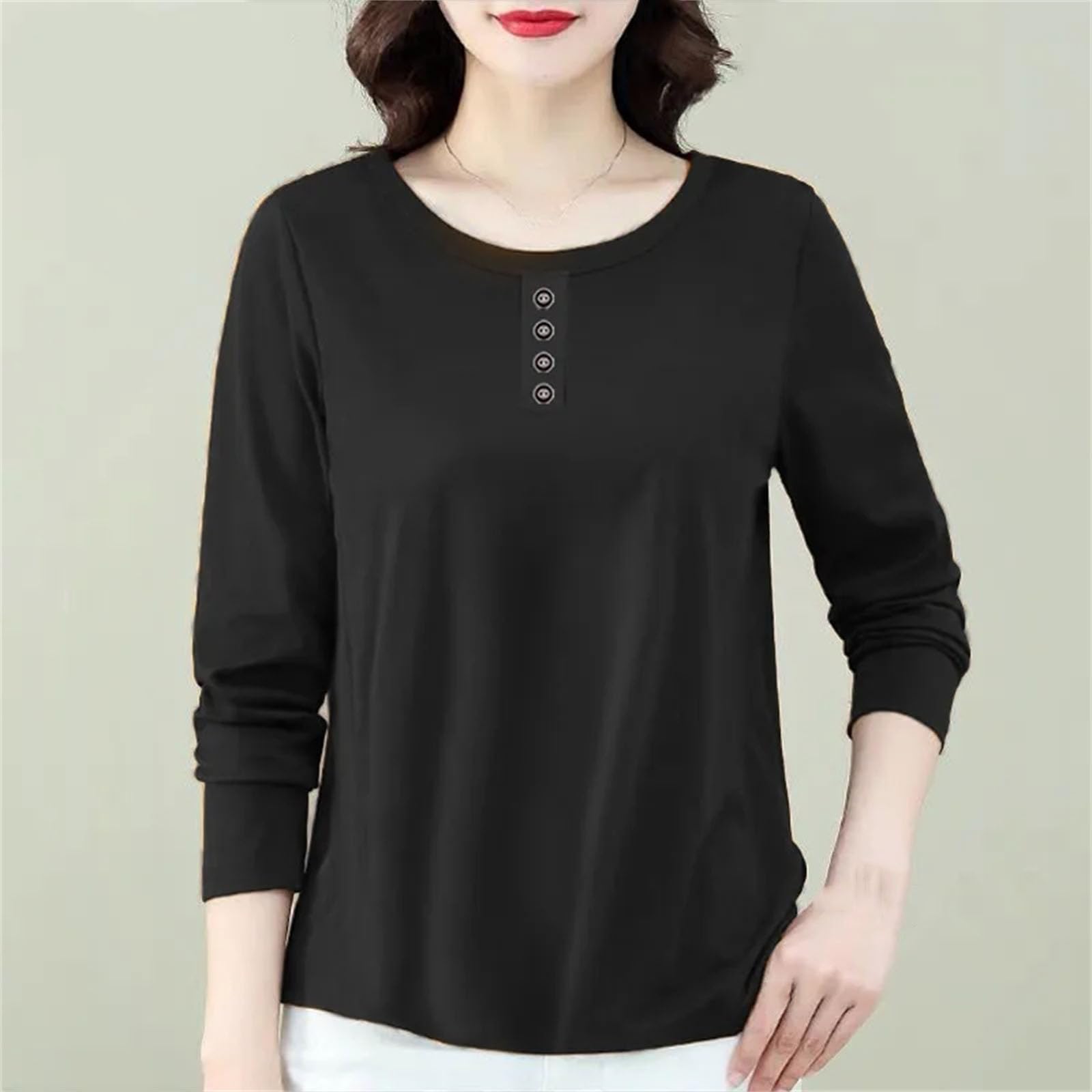 Camiseta básica holgada con botones para mujer, color liso, cuello redondo, manga larga