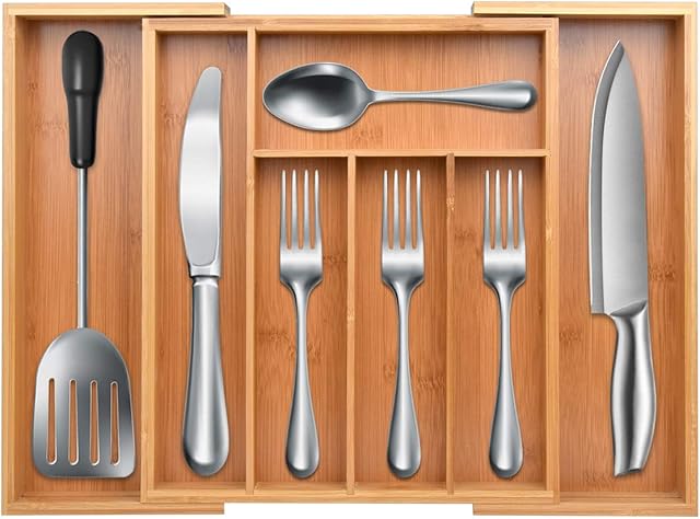 Lantaly 100% Pure Bamboo Expandable Drawer Organizer for Utensil, Cutlery and Utility, Adjustable Kitchen Drawer Divider, Premium Cutlery and Utensil Tray