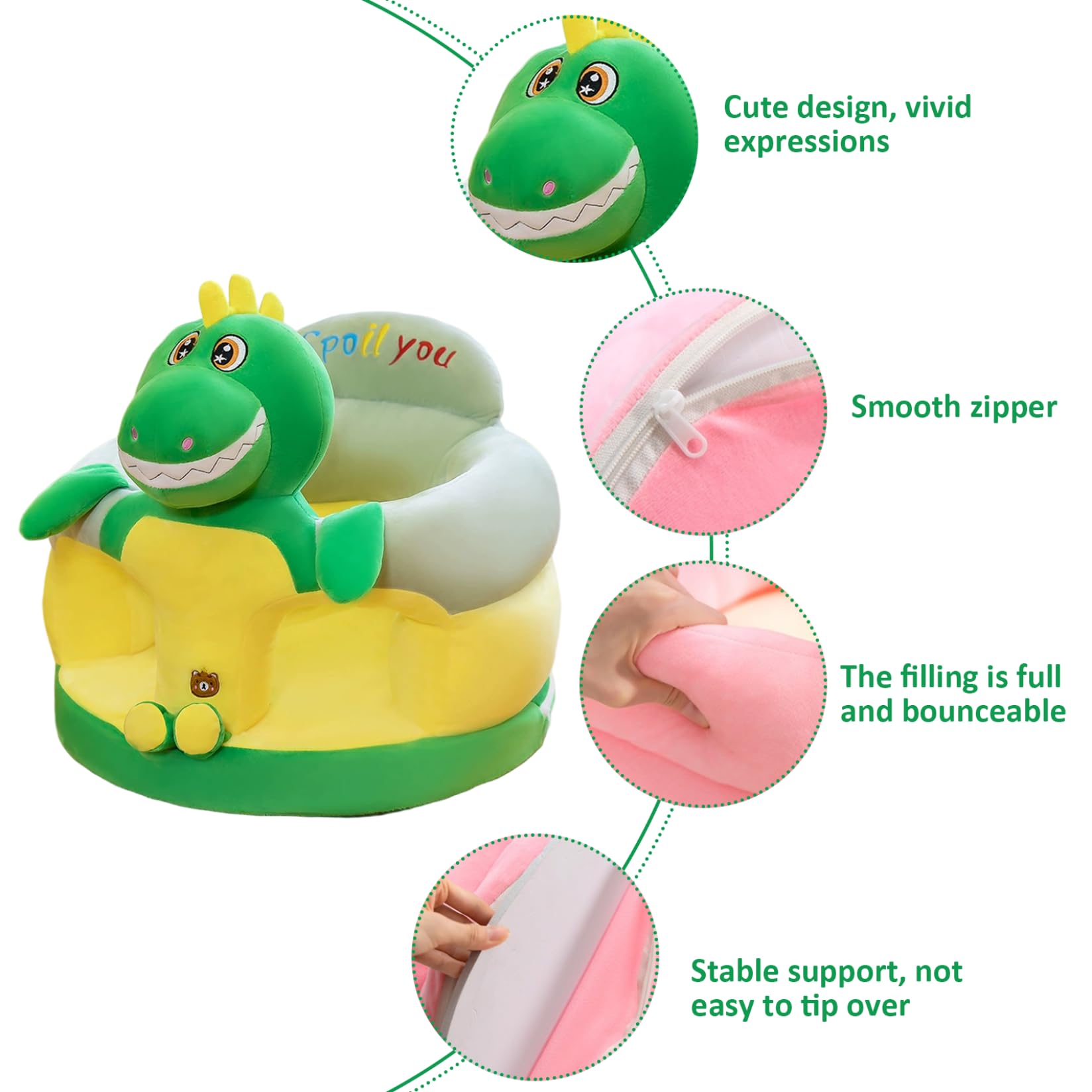 Sit Me Up Seggiolino da Pavimento per Bambino, Seggiolone da Sit Up, Simpatico Cartone Animato Dinosauro Seduta per Neonato Peluche Seduta di Supporto per Camera da Letto, Soggiorno, Asilo Nido, App