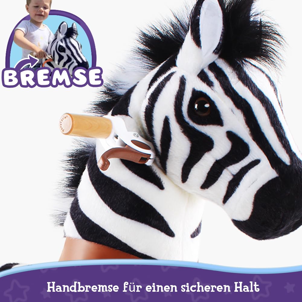 PonyCycle® Zebra Schaukelpferd | für Kinder 3–4 Jahre, 76cm | Plüsch Zebra Reitpferd mit Handbremse | Zebra auf Rollen, Schaukeltier, Kindergeburtstag | Klassisches Modell U – Ux368