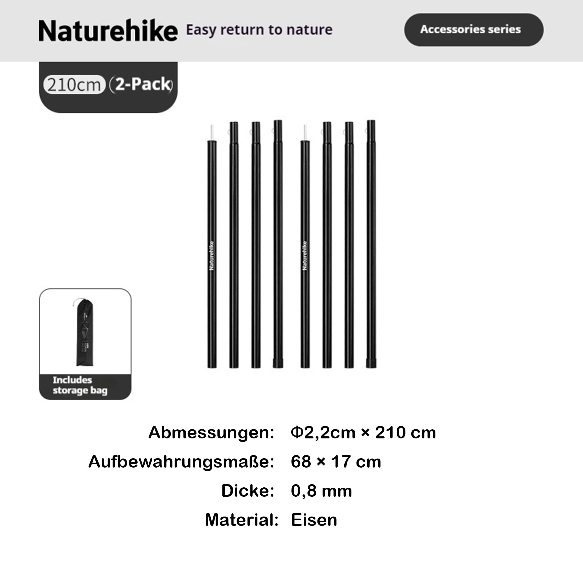windhike Naturehike Sonnenverdeck Stange 2er-Set, Zeltstangen Windbeständig, Hochbelastbare Teleskopstange aus Eisen, Mehrzweck Aufstellstange, 2,5 mm verdickter Rohrdurchmesser