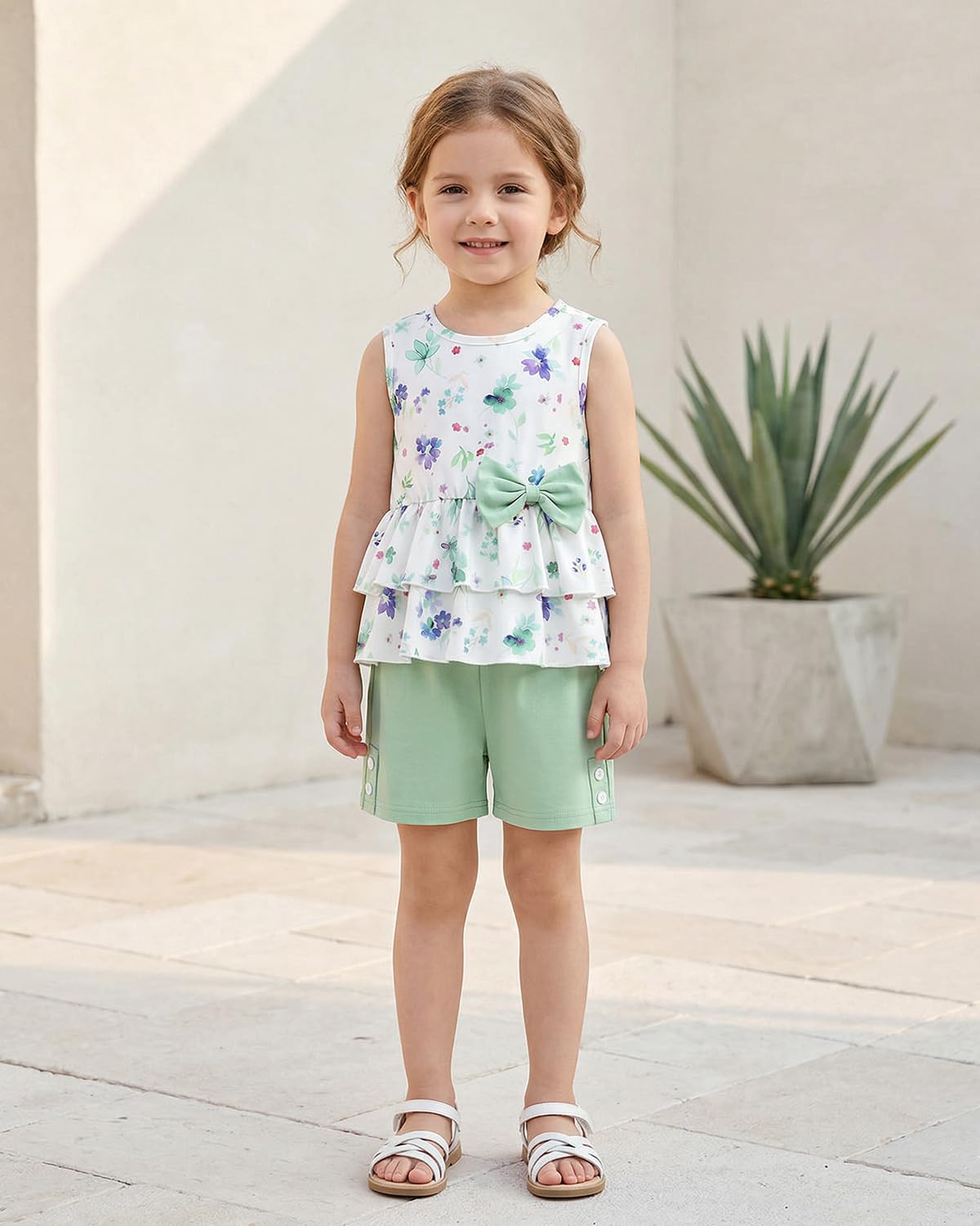 FishingDino Baby Mädchen Kleidung Sommer Set Gr 92-110, Ärmelloses Blumen Schößchen Top & Shorts Kinderkleidung, Süße Babykleidung Mädchen für Daily Wear