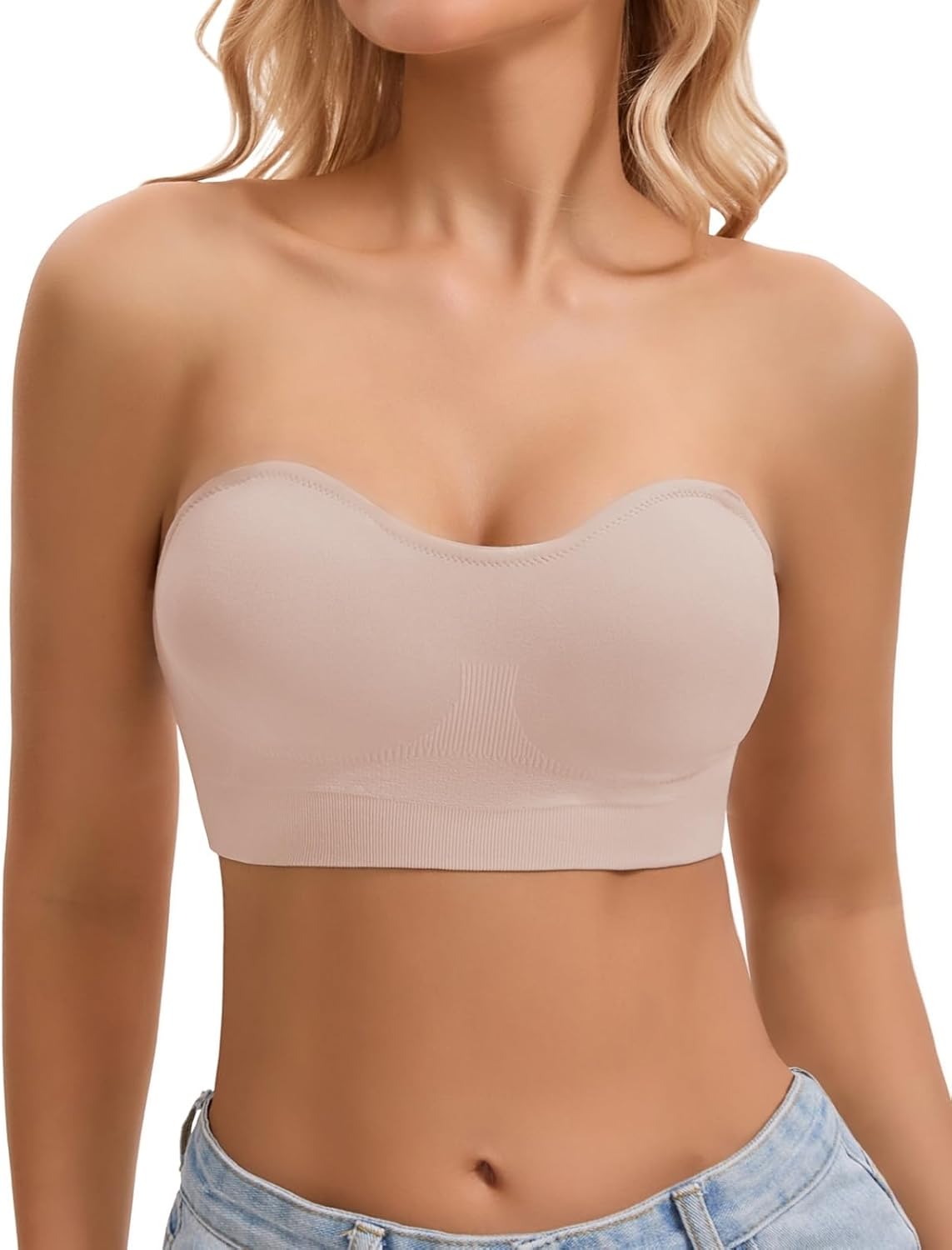 Strapless Bra for Women Bandeau Bra Seamless Wireless Non-Slip Unremovable Pads Bandeau Top Tube Top Bra Hook & Eye
