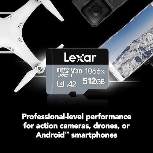 Miniatura 2 de Lexar Tarjeta micro SD profesional de 512 GB de 1066 x con adaptador SD, UHS-I, U3, V30, A2, Full HD, 4K, hasta 160120 MBs, para cámaras de acción,