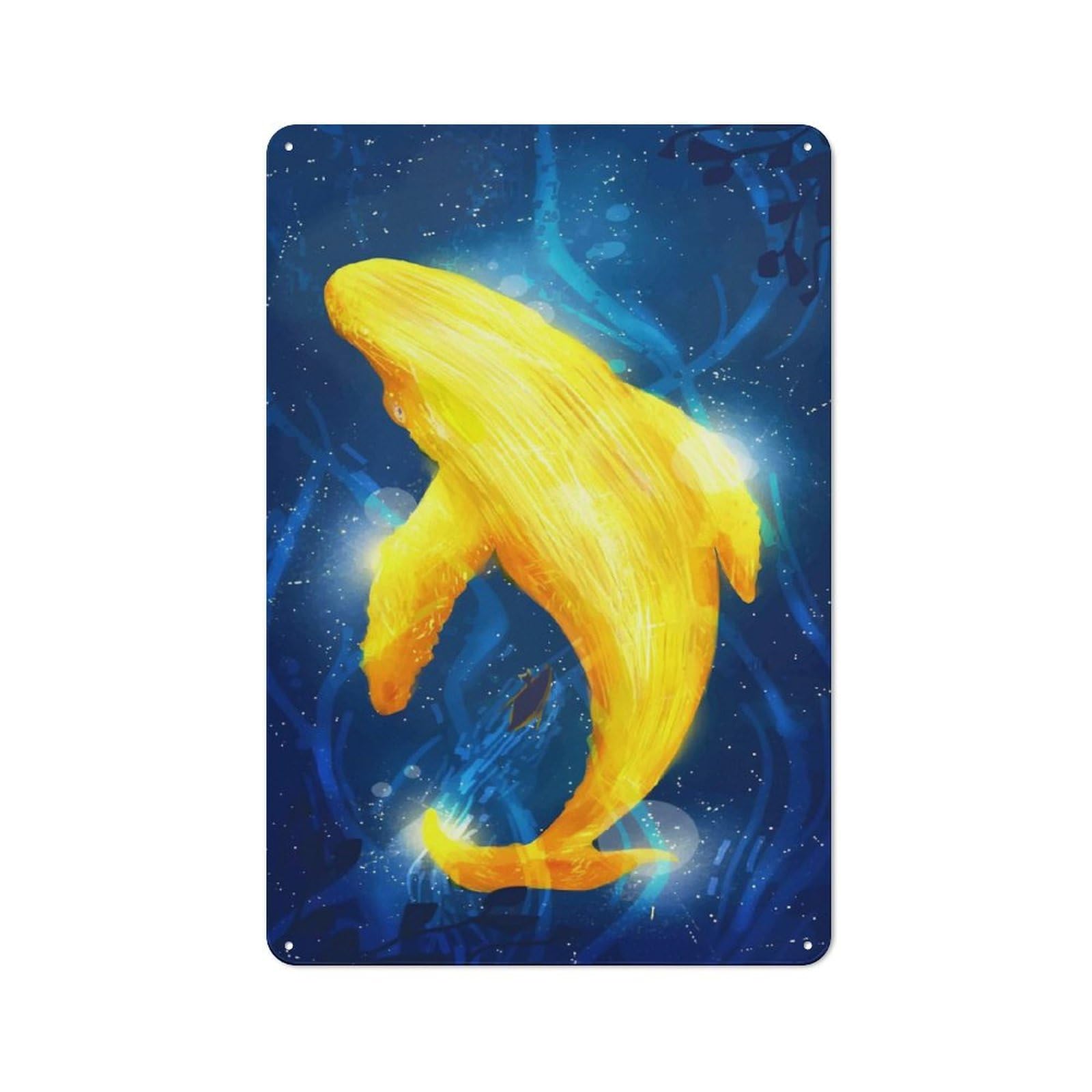 Junmoney Golden Whale In Blue Casual Metal Wall Decor 30X20cm, Tin Sign For Greenhouse, Garden Room, Cafe Or Entryway