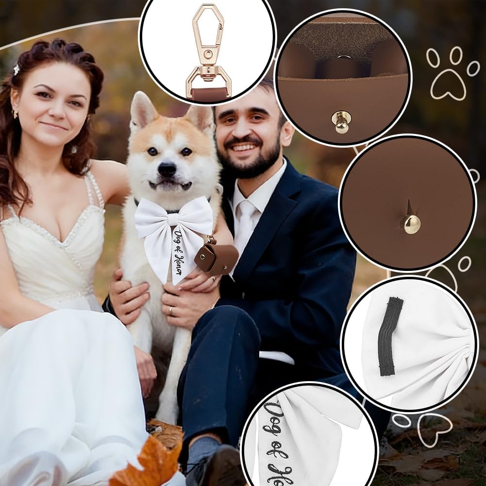 Dog Ring Bearer Collar Pouch with Detachable Bow Tie Rectangle PU Leather Ring Pillow Box for Dog Wedding Collar Pet Accessory for Proposal Engagement Wedding Ceremony Party (Brown) image 3