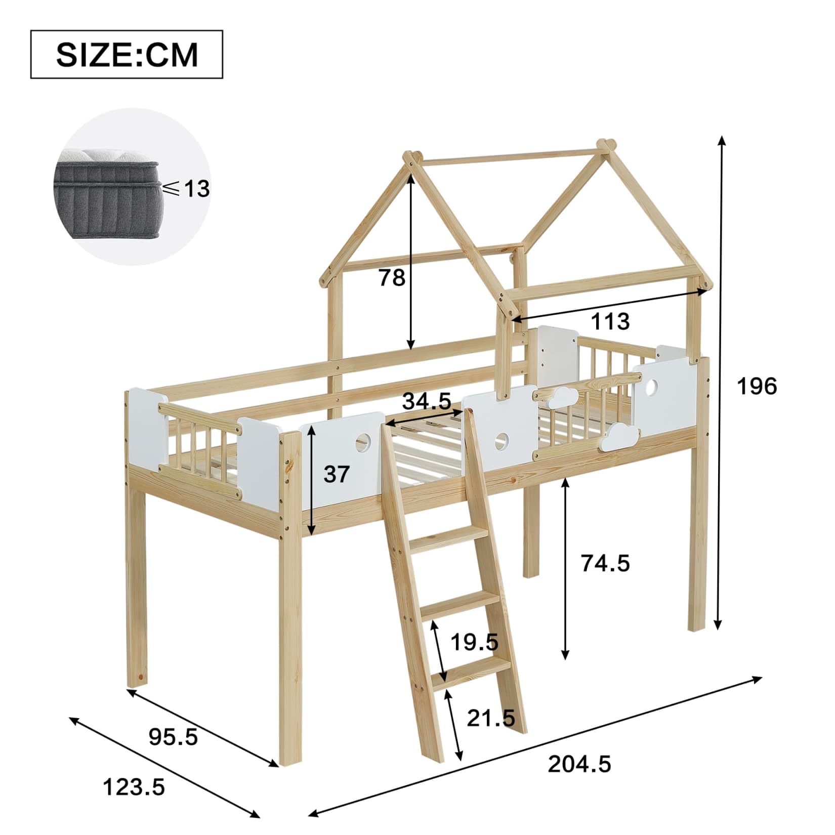 PUGSDRLY Lit Mezzanine Enfant 90x200cm avec Barrières,Lit Cabane Enfant avec échelle et Design Unique du Toit,Mi Hauteur,Cadre en Pin,Blanc+Naturel