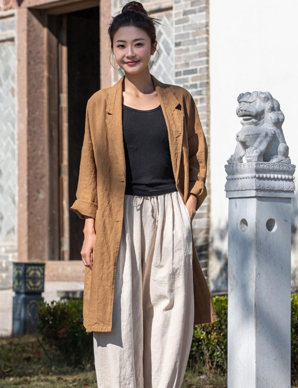 NFYM Women's Linen Long Blazers Notch Lapel Open Front Button Casual Loose Suit Coat Jackets with Pockets