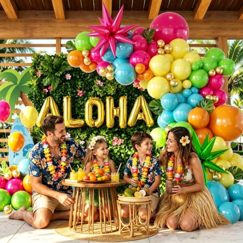 Image of 157PCS Flamingo Tropical Luau Balloons Arch Garland Kit, Olive Green Hot Pink Orange Blue Yelloow Gold Balloons with Foil Star Balloons for Summer Beach Aloha Pool Party Decorations Supplies