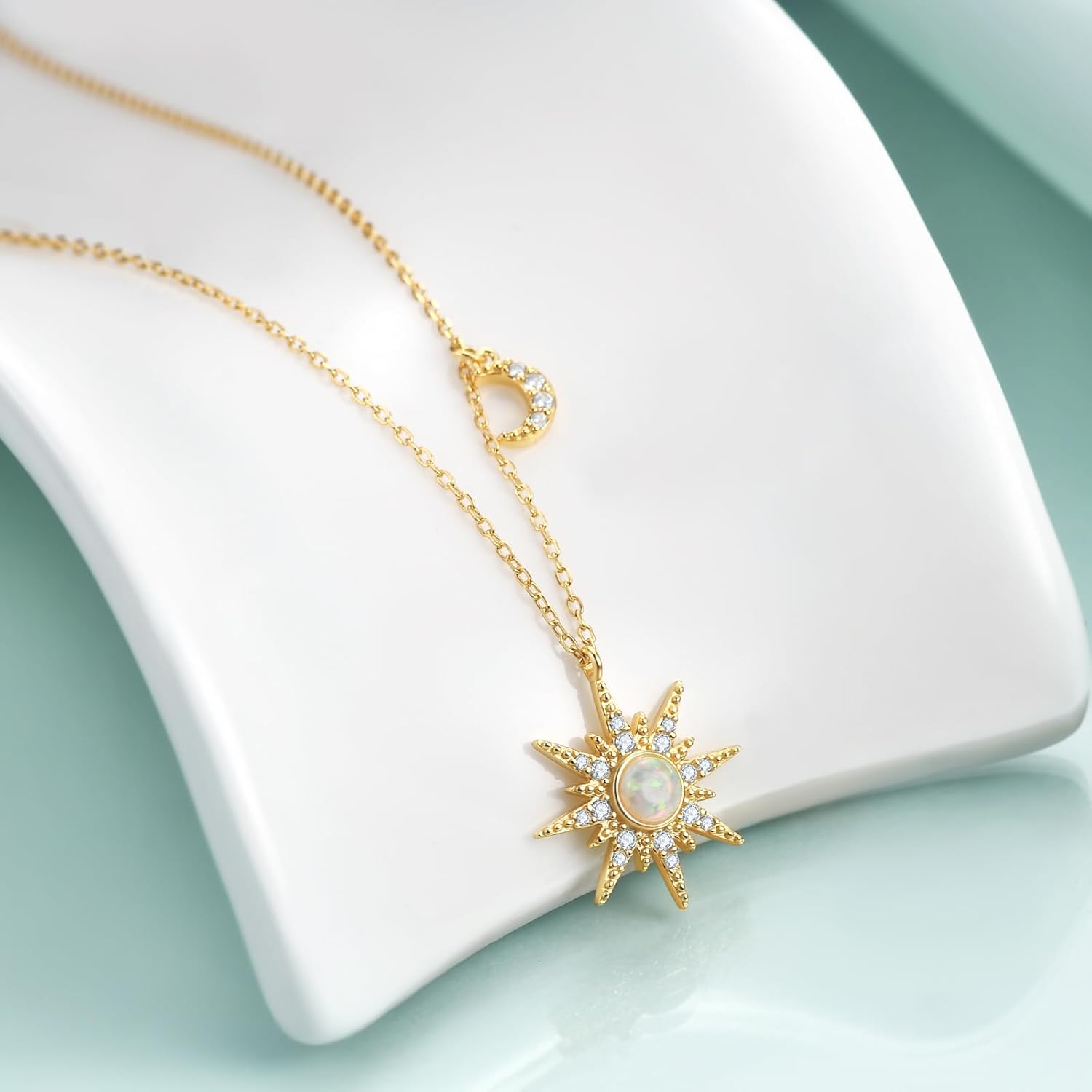 Rnivida 925 Sterling Silver Opal North Star Pendant Necklace, Celestial Moon Star Starburst Necklace Jewelry Gifts for Women