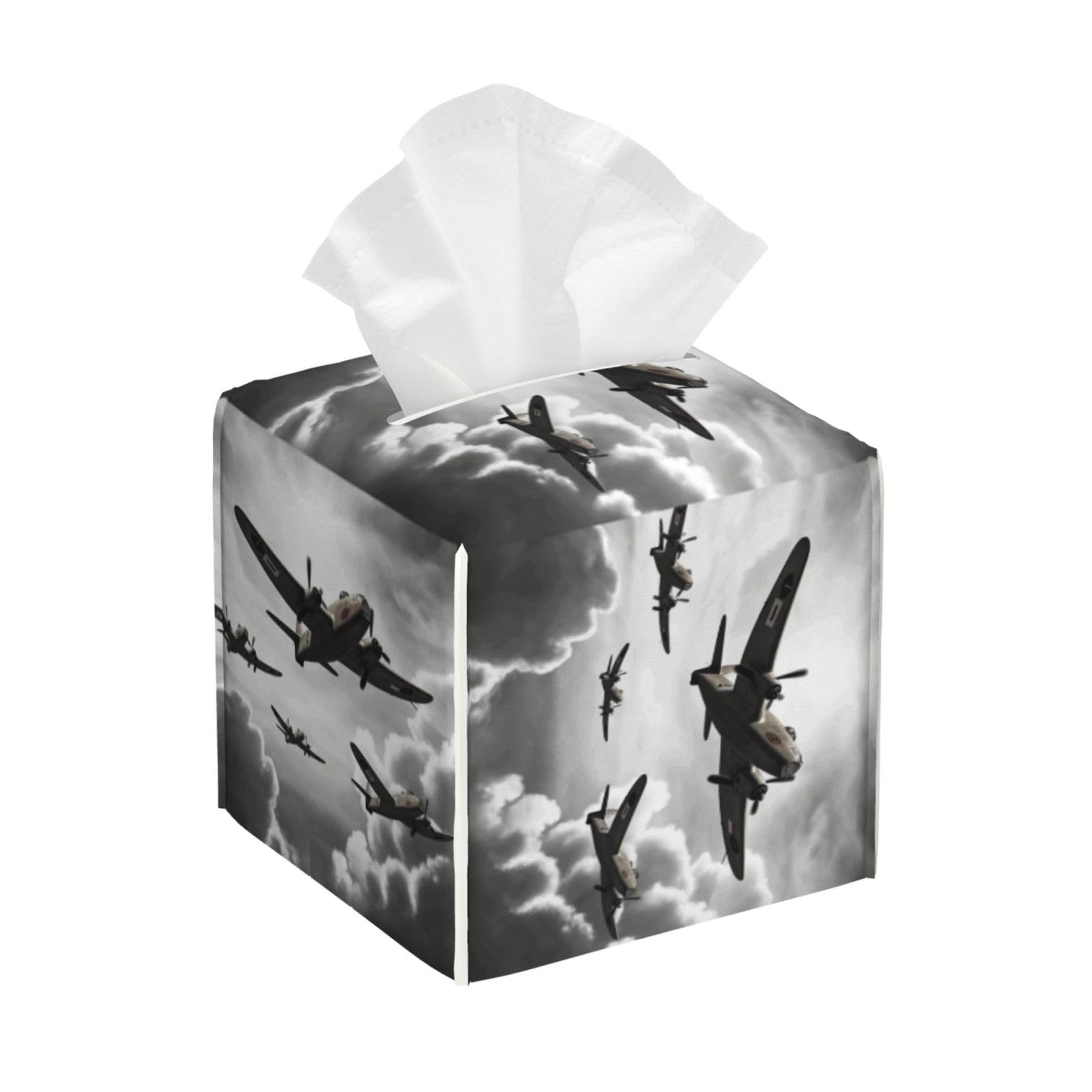 Tissue Box Cover Square Cube Boxes PU Leather Tissue Holder World War Tissue Box Facial Case Decorative Paper Organizer Dispenser for Bathroom Bedroom Office