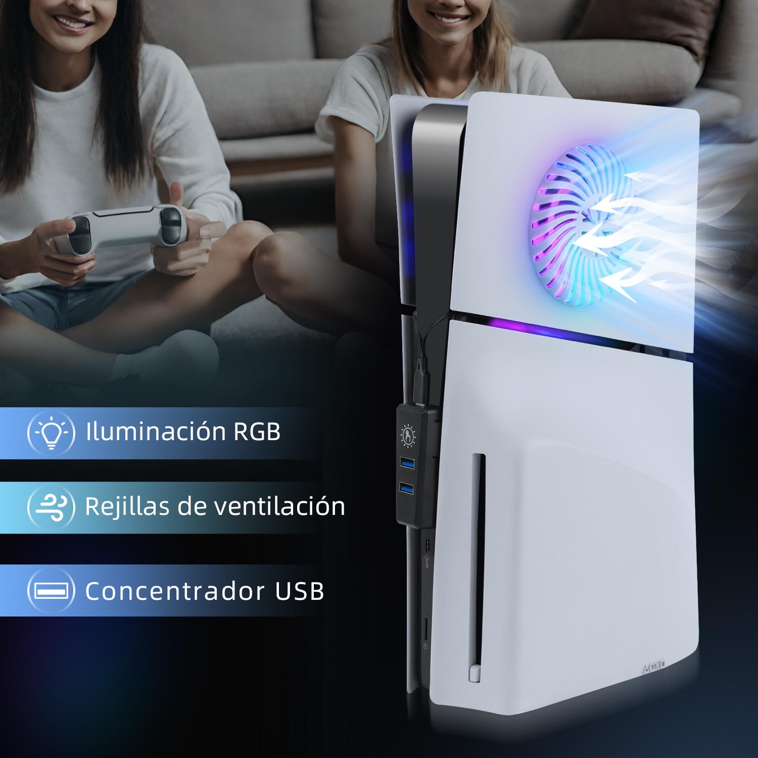 Mcbazel Tira de LED RGB con Placa Frontal de Reemplazo y Agujero de Refrigeración, Set de Accesorios con Hub USB para PS5 Slim Edición Disco/Digital – Blanco(No para PS5/PS5 Pro)