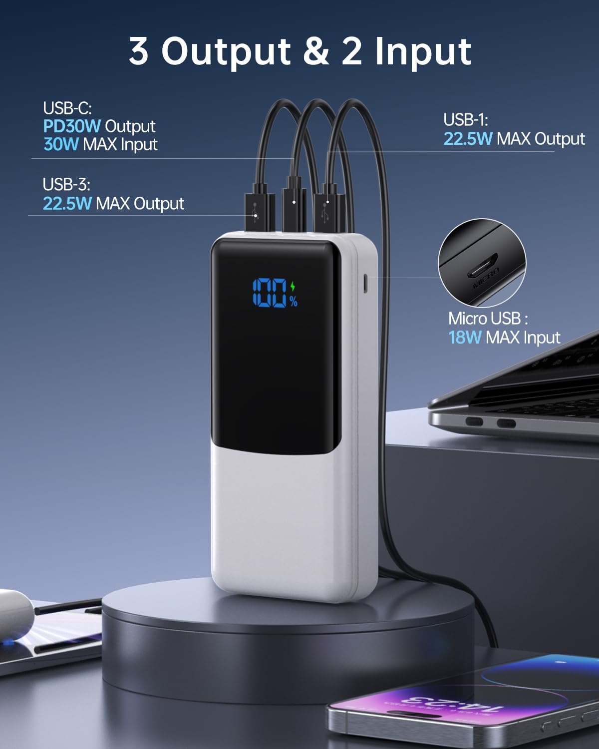 Batería externa de 27000 mAh, Power Bank PD30 W Carga rápida Cargador