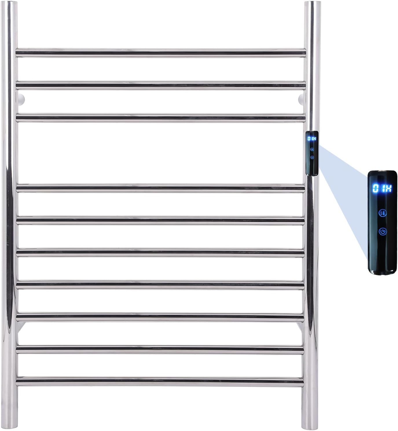 10-Bars Silver Heated Towel Rack–23" Wall Mounted Towel Warmer with Timer & Temperature Control, Stainless Steel