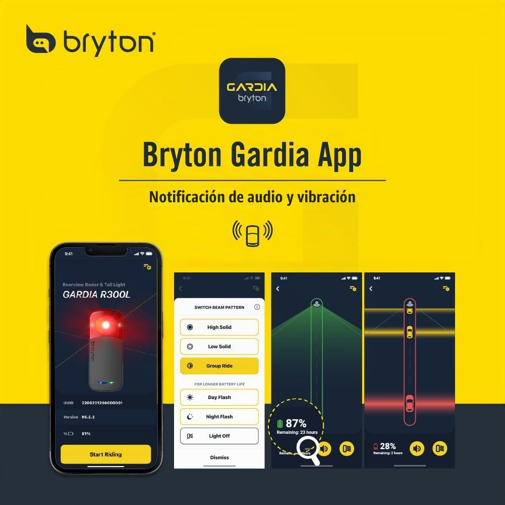Bryton GARDIA R300L - Radar de bicicleta con luz trasera, alertas visuales y audibles para vehículos de hasta 207 yardas de distancia, ángulo de visión de 220°, compatible con pantalla de aplicación