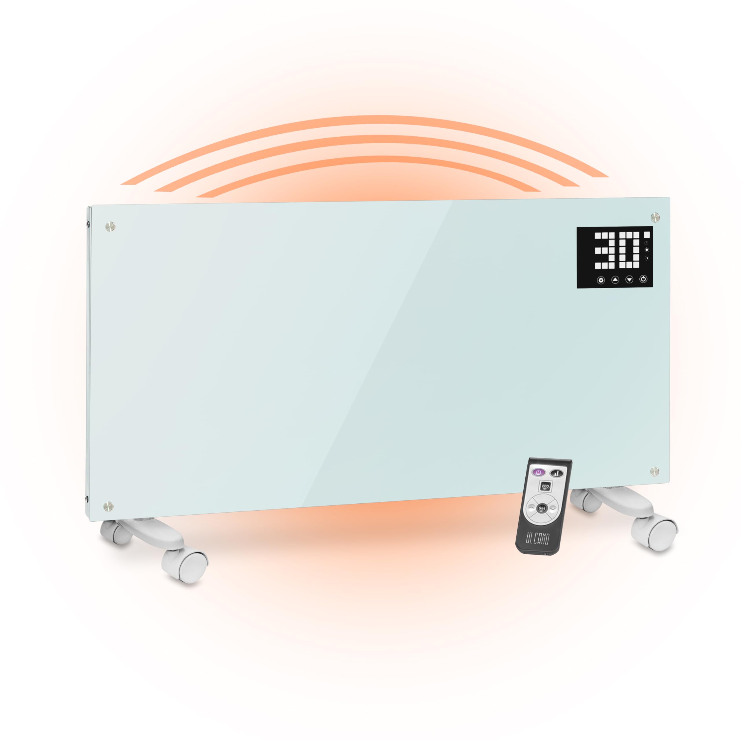 Calefactor eléctrico de baño, bajo consumo 2000 W (modo Eco 1000 W), termoconvector con ruedas + montaje en pared, cristal templado, pantalla + temporizador + mando a distancia, con termostato