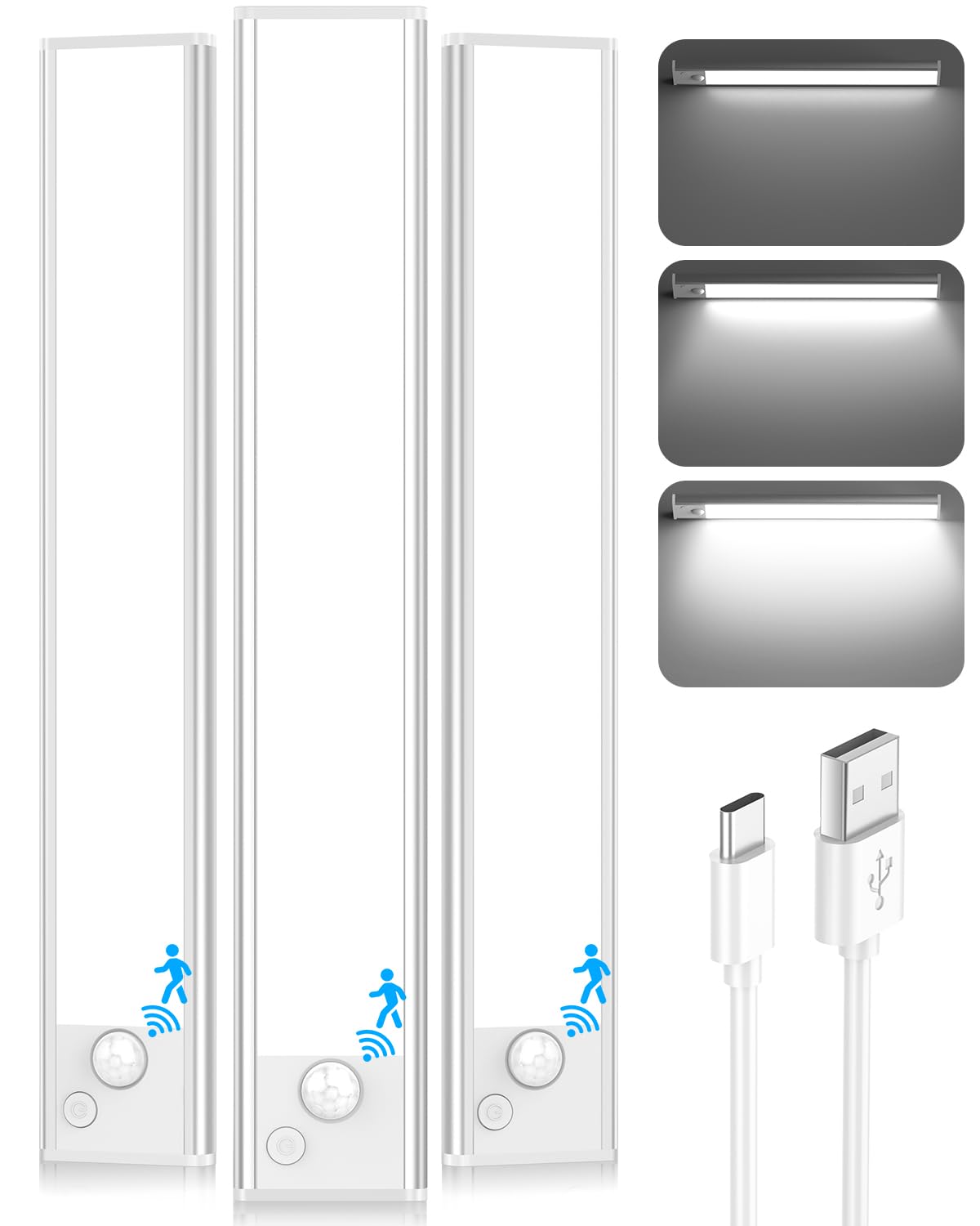 Under Cabinet Lighting, LED Battery Operated Rechargeable Motion Sensor Night Lights Indoor, 2200mAh Magnetic Wireless Closet Light, 6500K Dimmable Under Counter Lights for Kitchen, Stair, 3 Packs