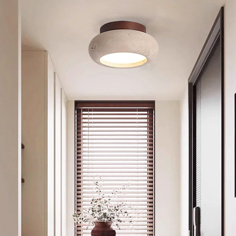 Nowoczesna lampa sufitowa LED z naturalnego żółtego trawertynu, białe światło dzienne 6000 K, oświetlenie do montażu podtynkowego, podstawa z litego drewna, okrągła lampa sufitowa 15 cm(Walnut)