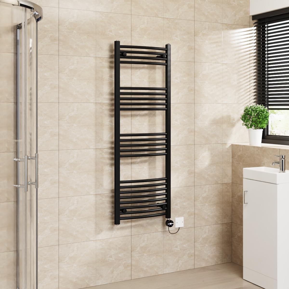 Warmehaus Touch Screen Electric Towel Rail Curved Timer Black 1400x500mm — image 1