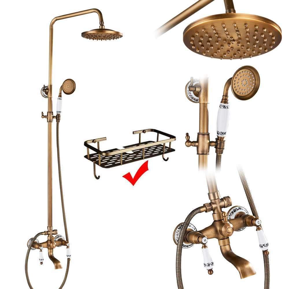 CWCQGH Antique Brass Shower System - Porcelain Ceramic Faucets Set Dual Knobs Mixer Tap Swivel Bath Spout Elegant Shower Column Complete Bath Shower Kit,Antique Brass E02