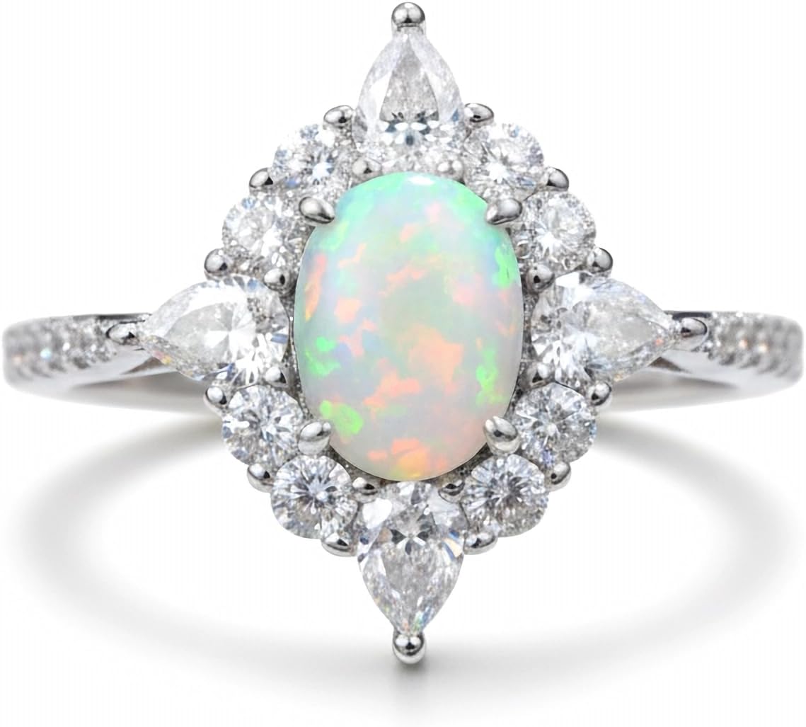 Opal Ring Engagement Ring 2CT Oval Cut Halo Vintage Opal Rings for Women with Moissanite 18k White Gold Plated 925 Sterling Silver