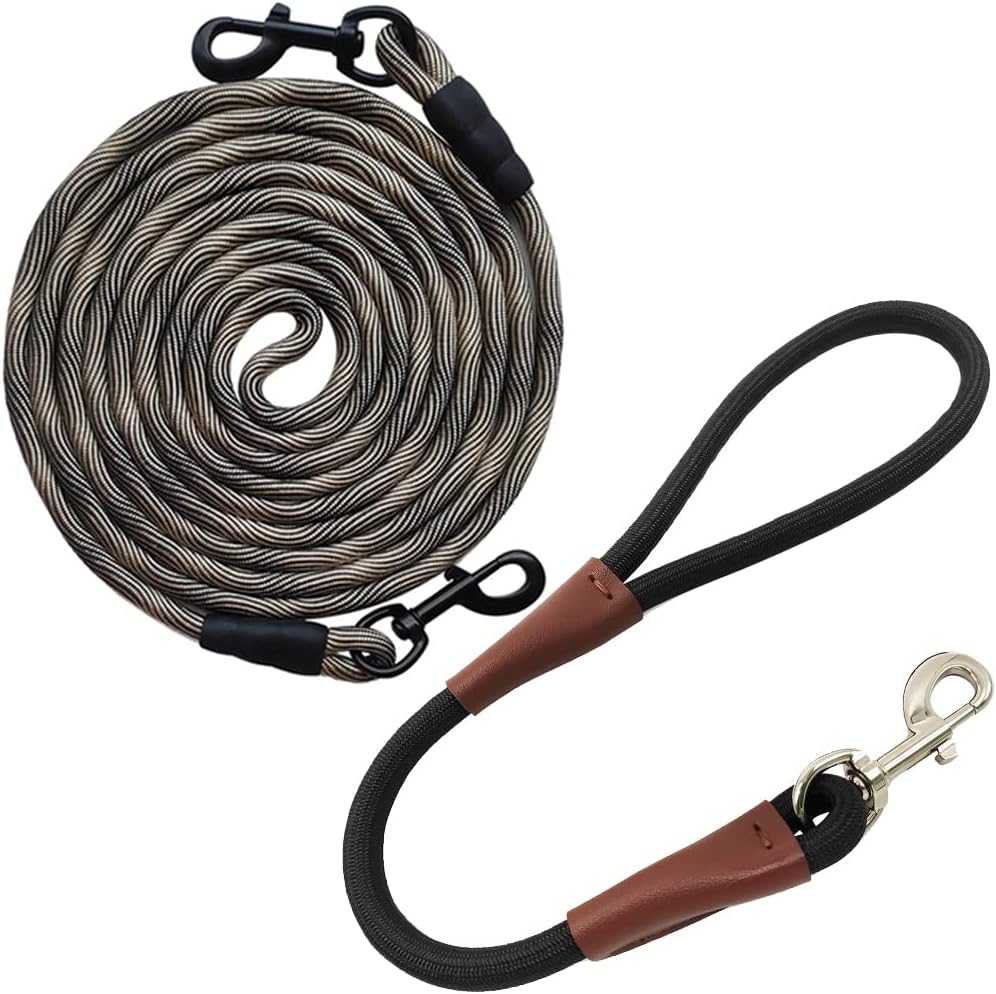 BTINESFUL 50FT Dog Tie-Out Check Cord + 18Inch Short Dog Leash for Strong Puppy Medium Large Dogs