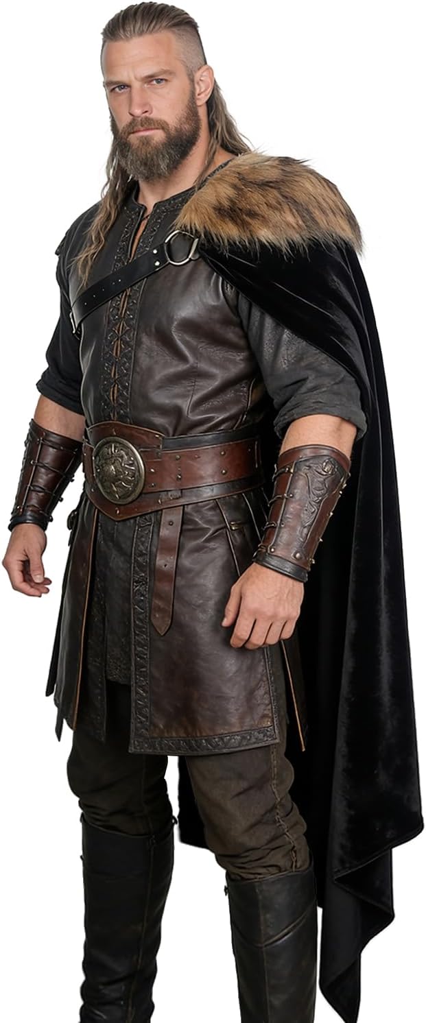 L'VOW Viking Fur Half Shoulder Cape with Belt Medieval Knight Cloak