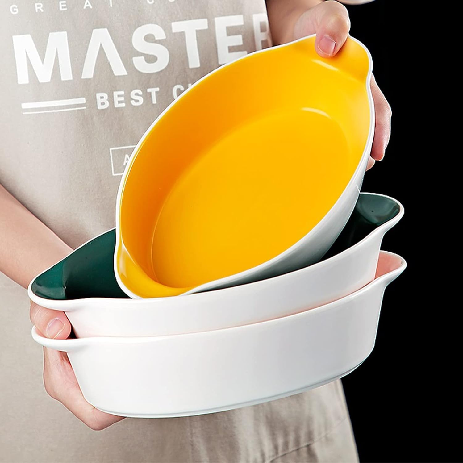 Baking Dish Creative Baking Dish Ceramic Cheese Baked Bowl Dishes Household Baking Pan Kitchen Food Tray for Microwave Oven 2 Pcs Bakeware (Color : Yellow) (Pink)
