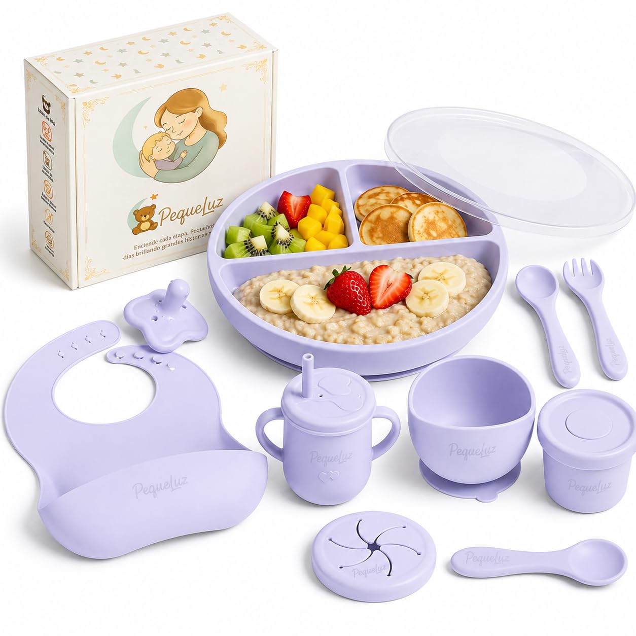 Babygeschirr Set Silikon LFGB 10-teilig BPA-frei Lila | BLW Set mit Saugnapfteller, Schüssel, Trinklernbecher, Lätzchen & Besteck