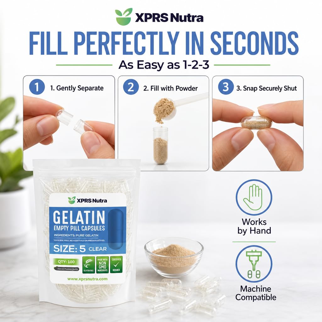 XPRS Nutra Size 5 Empty Capsules - 100 Count Clear Very Small Empty Gelatin Capsules - Pills DIY Capsule Filling - Fillable Pill Gel Caps for Do-It-Yourself Vitamin Supplements — Amazon image 3