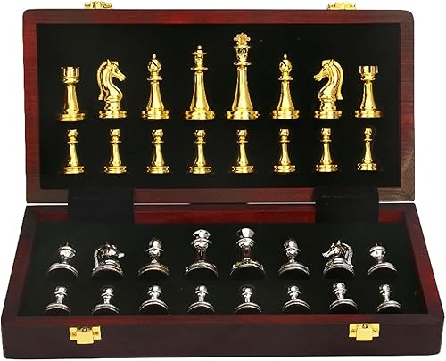 MaGILL Juego de ajedrez internacional de ajedrez de madera, tablero de ajedrez plegable grande con piezas de ajedrez de metal dorado y plateado con