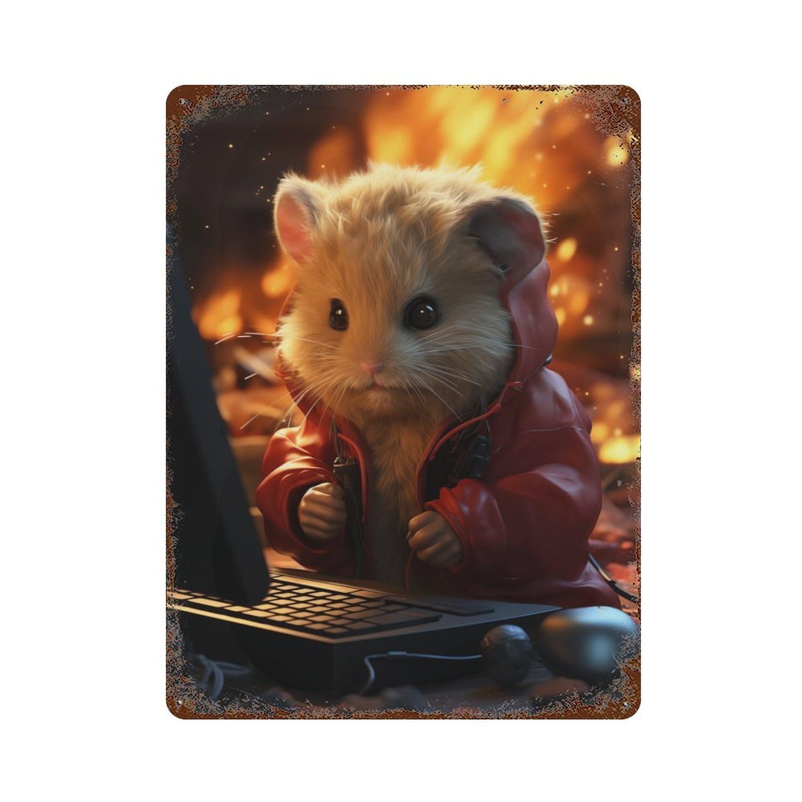 Weathered Tin Sign with Gamer Hamster Design 15.7"x11.8", for Basement, Hobby Room And Garage Decor, Industrial Home Decor