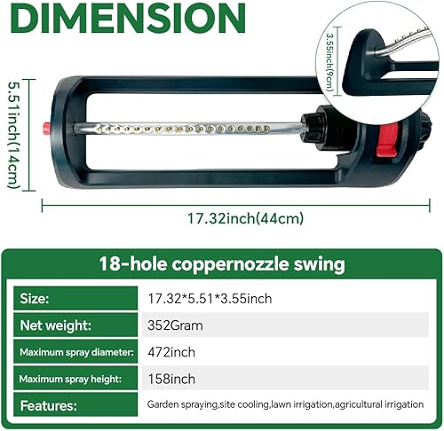 Miniatura 2 de Aspersor de césped, 18 boquillas de latón, rociador oscilante de agua de jardín para cubiertas de patio de hasta 3,600 pies cuadrados, base pesada,