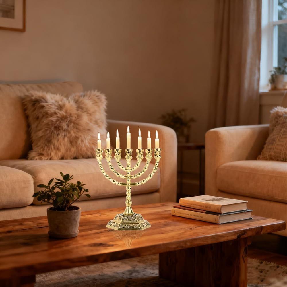 7 Branch Hanukkah Menorah Candle Holder Gold Candelabra with 12 Tribes of Israel Design, 5 Inch Jewish Candle Holder for Hanukkah Holiday Party Table Centerpiece Home Decoration