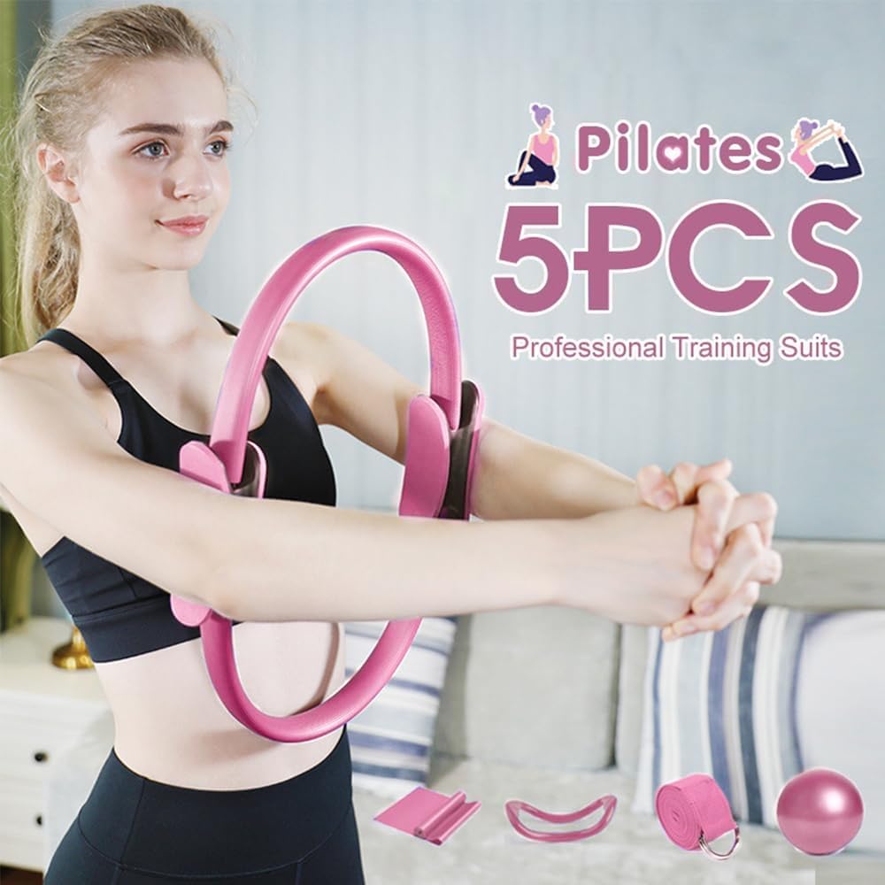 Mineup Zestaw pierścieni do pilates, 5 sztuk zestawu pilates essentials dla kobiet z piłką do jogi, pasem do jogi i paskami fitness, pierścień pilates, pierścień pilates yoga do domu, jogi, siły i