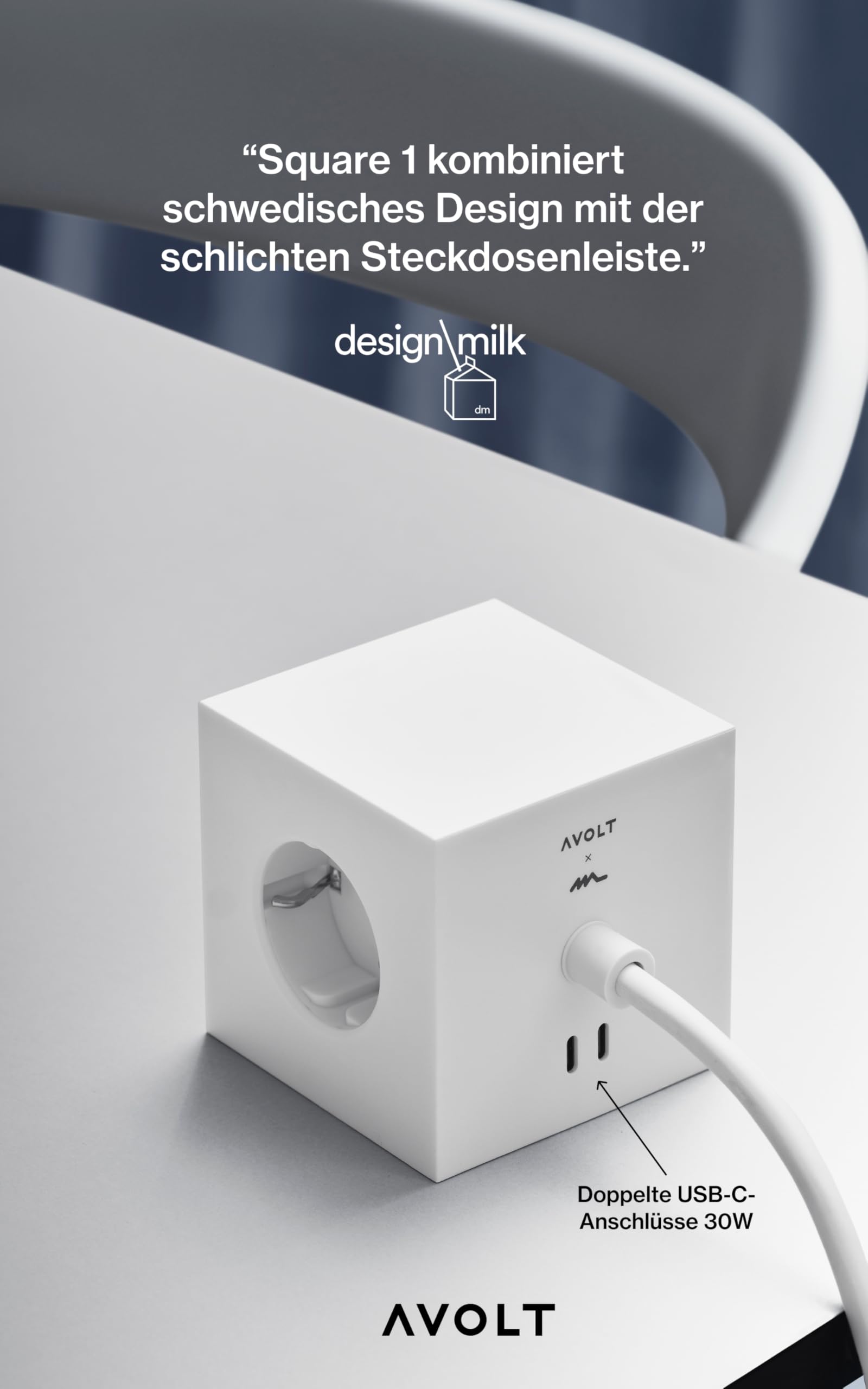 Avolt Square 1 Ciabatta Multipresa Cubo Design, 3 Prese, 2 USB-C 30W | Ciabatta multipresa design blu. Cubo magnetico, ricarica rapida USB-C 30W per scrivania, casa e comodino