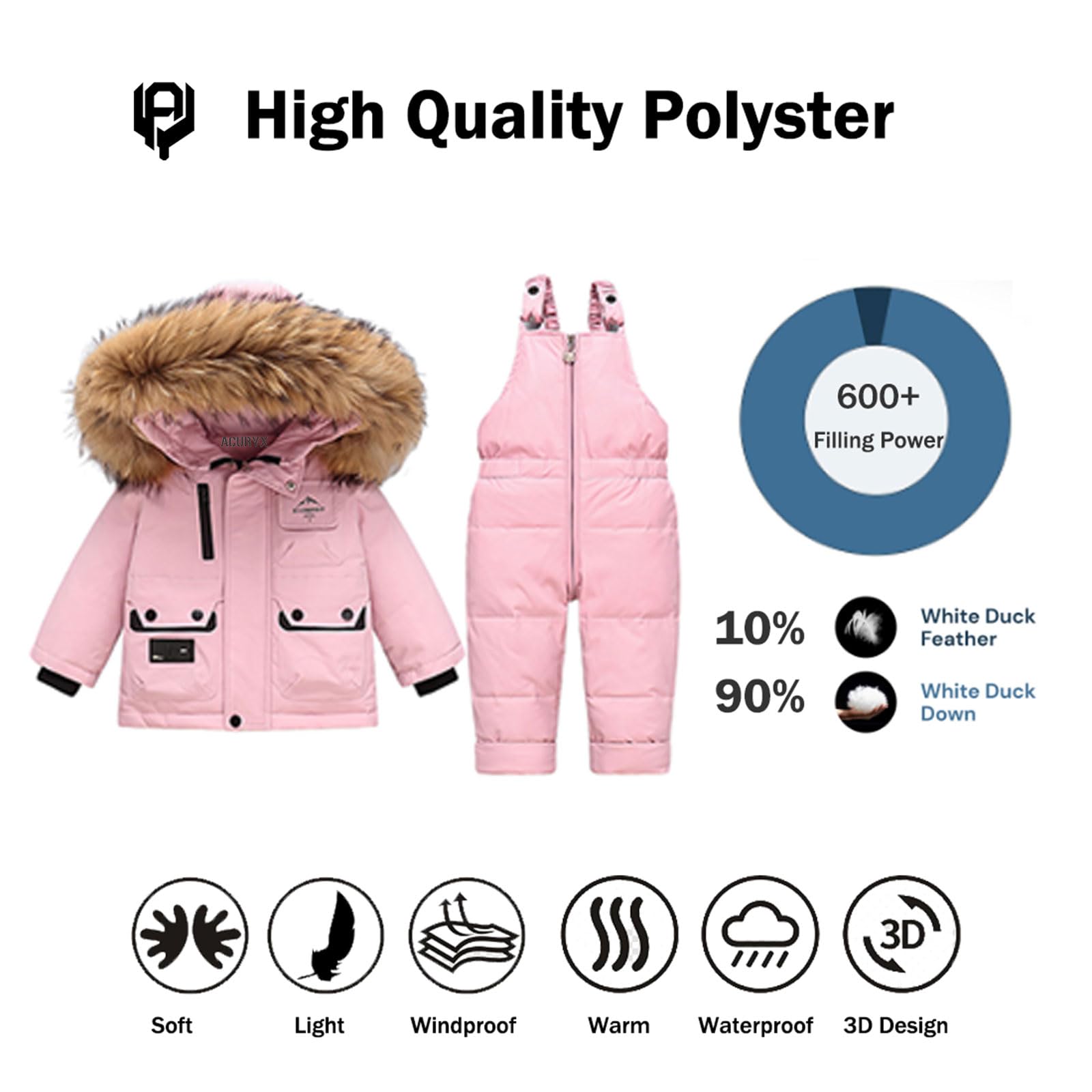 Trajes de Nieve para Bebé niña Invierno 2 Piezas Chaqueta con Capucha de Plumón Abrigo con Babero de Nieve Pantalones Niños Niñas Conjunto de Esquí Impermeable Ropa
