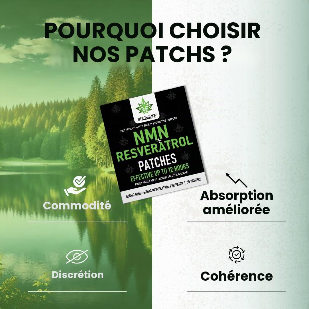 Patchs NMN et resvératrol - Haute absorption, libération en 12 heures - Soutient la santé cellulaire, anti-âge et vitalité de la peau - Facile à utiliser - 30 patchs - Ingrédients naturels - Comme des