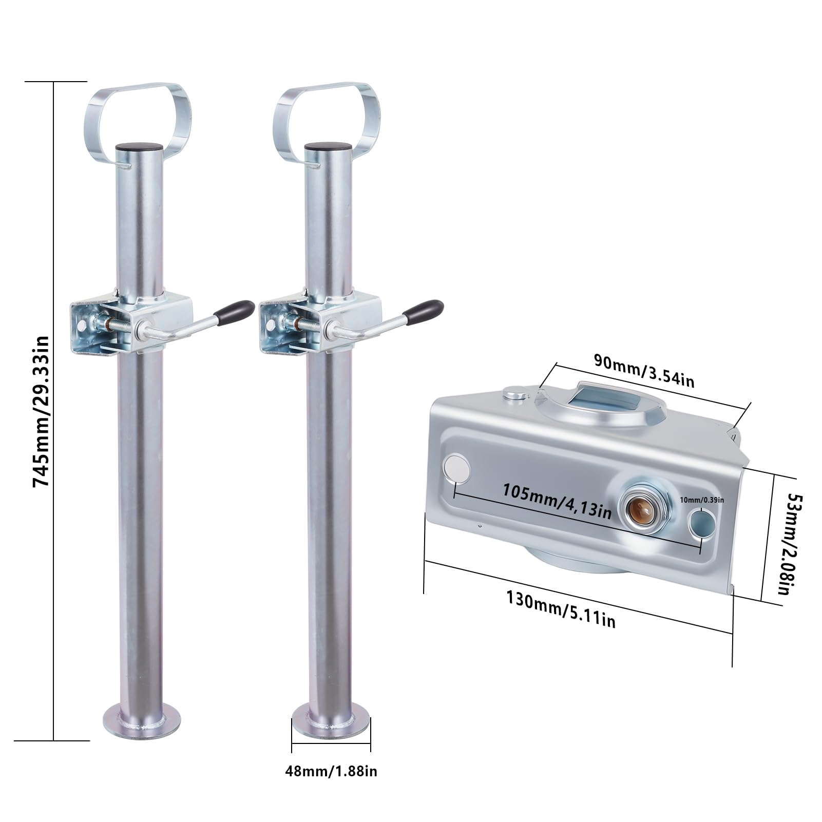 Set di 2 supporti per rimorchio in acciaio con morsetti di fissaggio, capacità di carico 150 kg per supporto, distanza tra i fori 105 mm, regolabile in altezza