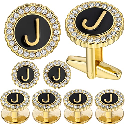 HAWSON 18K Gold Tone Initial Cufflinks for Men with Tuxedo Studs - Gift Boxed, Stylish Men's Jewelry Accessories for Weddings, Birthdays, Anniversaries, Father's Day