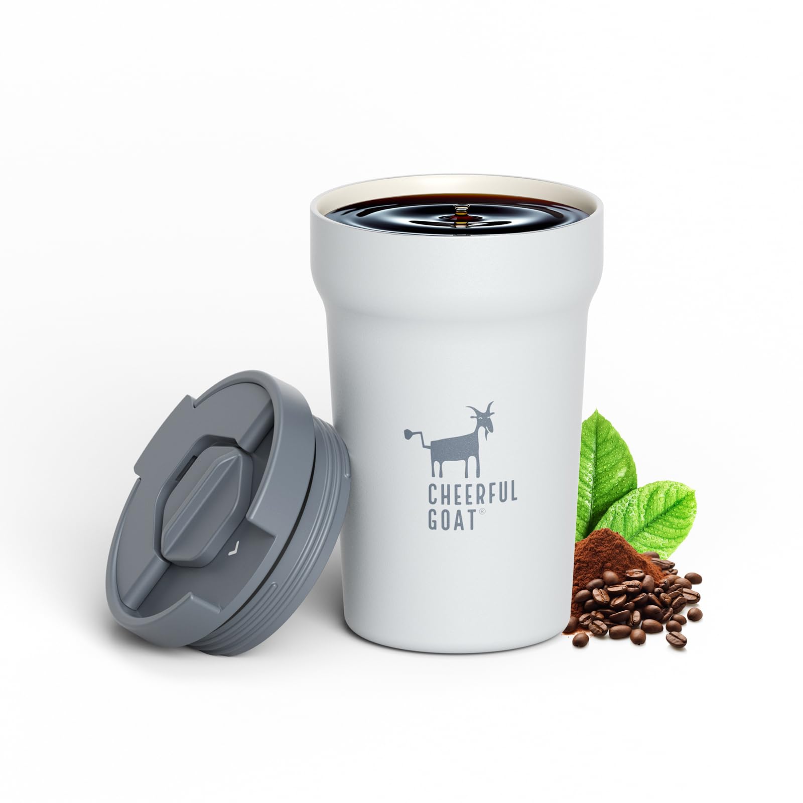 CHEERFUL GOAT Ceramic Lined Coffee Mug – Stainless Steel Travel insulated Tumbler with Ceramic Liner, with lid, 12oz Leak proof Cup for Hot and Cold Water Coffee at Home, Office (Grey)