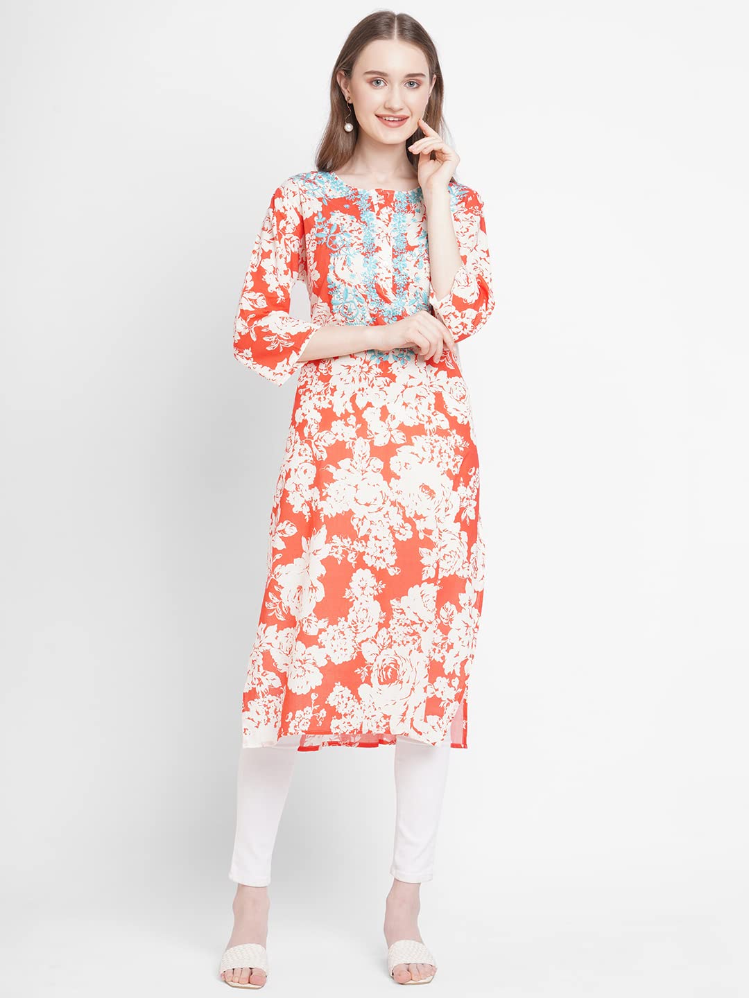 New Year Sale Cloth Haus India Women'S Embroidered Floral | 100% Pure Cotton | Long Kurta | 3/4 Sleeves | Round Neck