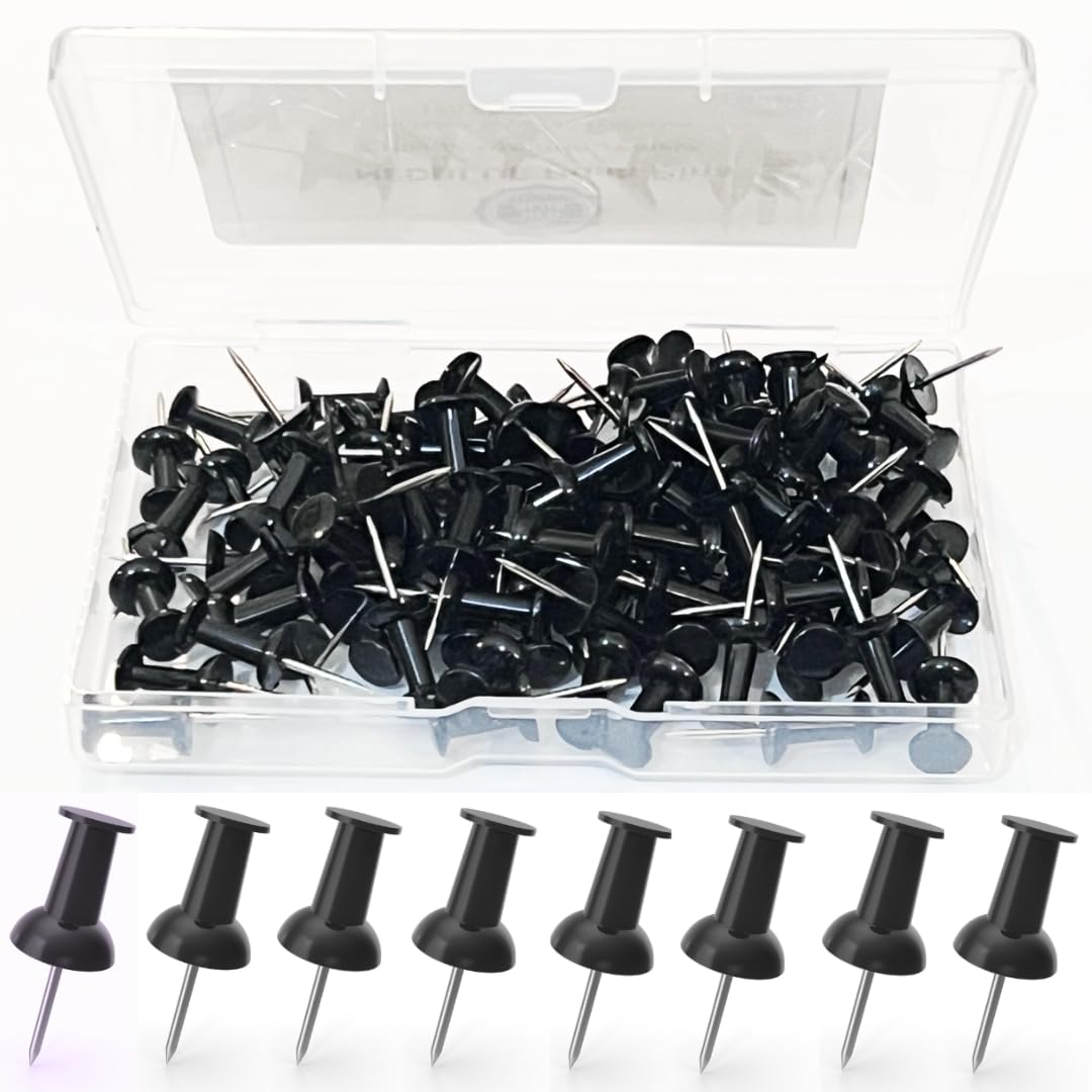 Black Push Pins - 120 Drawing Pins with Storage Box, Thumb Tacks for Cork, Notice and Bulletin Boards - Map Pins