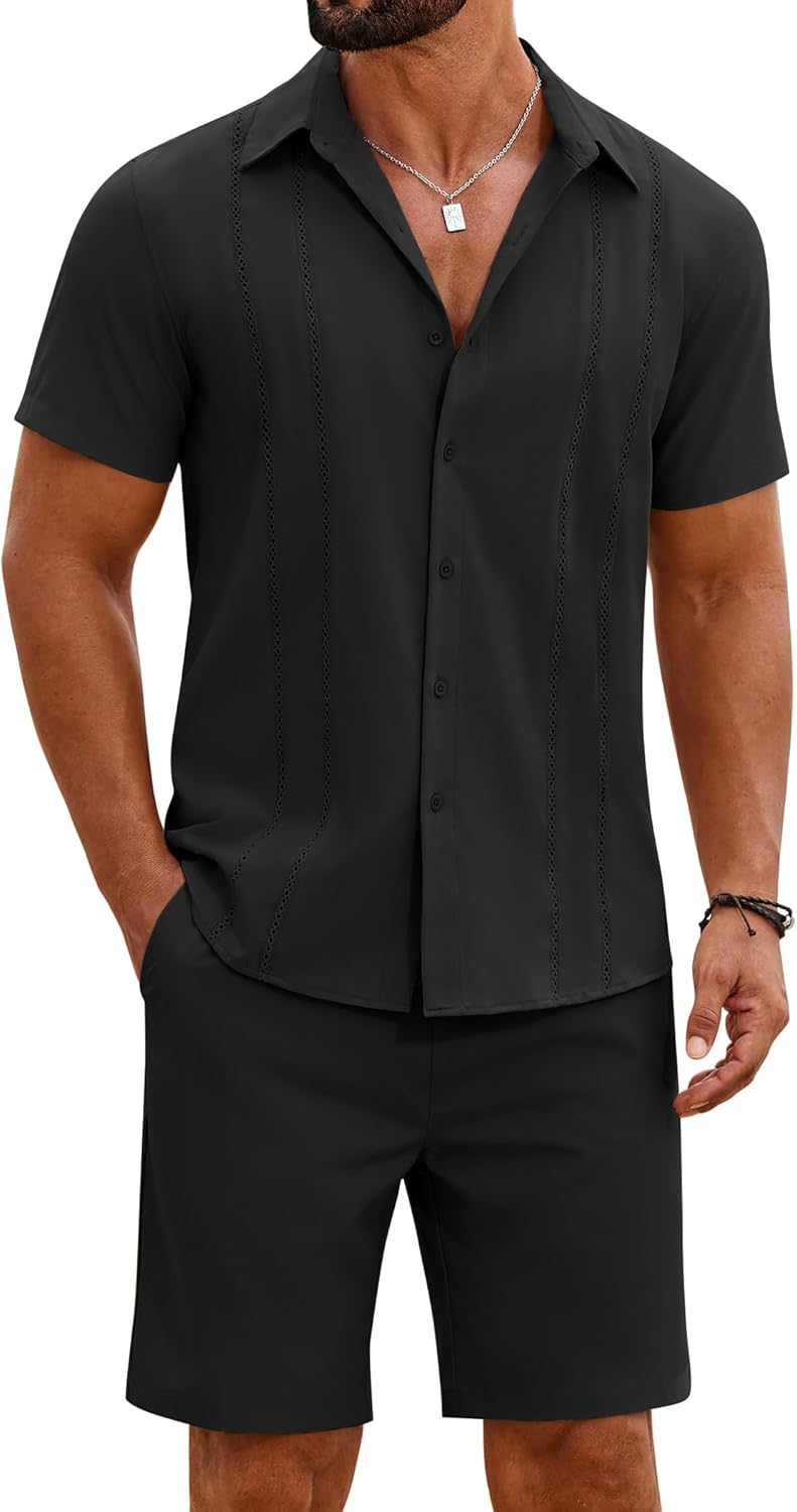 COOFANDY Men's 2 Piece Outfits Cuban Guayabera Short Sleeve Shirts and Shorts Summer Beach Vacation Sets for Men